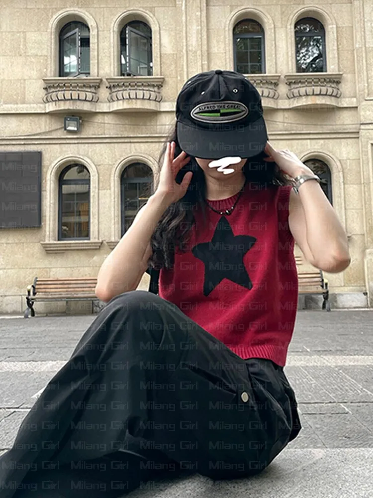 Cool Girl Star Print Round Neck Sweater Korean Streetwear Retro Slim Kawaii Pullover Sleeveless Sweater Vests Autumn Streetwear