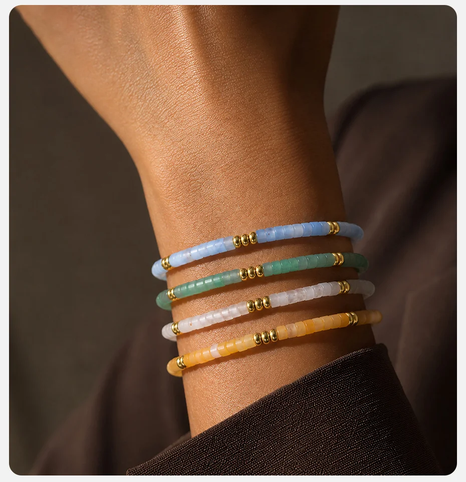 Vnox Handgefertigtes Naturstein-Jade-Perlenarmband für Frauen, Edelstahl-Aquamarin-Stein-Abstandsperlen-Armband, Boho-Schmuck – Detail 3