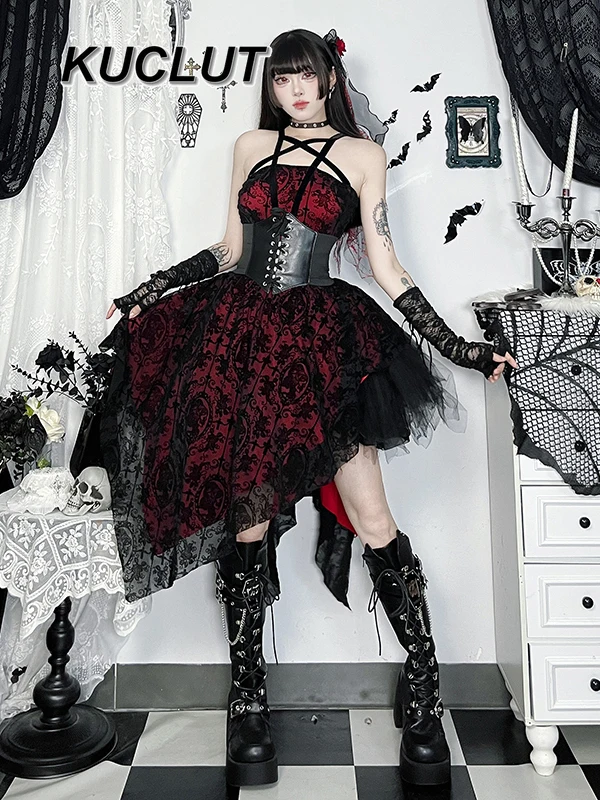 

Fashion Summer Subculture Suspender Dress Sexy Vintage Punk Style Waist Skinny Fluffy Elegant Casual Long Dresses for Women