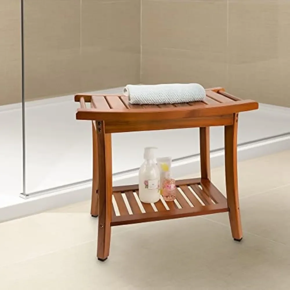 Asiento de banco de ducha de teca con asas, taburete de baño portátil de madera para spa con estante para toallas de almacenamiento, 22" x 13" x 18,6", impermeable