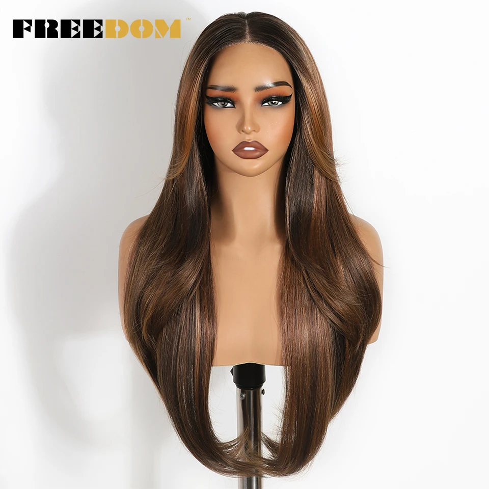 FREEDOM الاصطناعية الدانتيل الجبهة الباروكات للنساء طويل مستقيم الطبقات 6x4 قبل قطعها شعر مستعار أومبير براون ارتداء والذهاب غلويليس شعر مستعار دانتيل #2