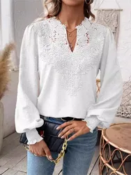 Women Casual Fashion Soild Loose Long Sleeve Blouse New Spring Autumn V Neck Lace Patchwork Vintage Elegant Office Lady Shirts