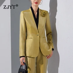 ZJYT Autumn Elegant Luxury Blazer Suit Pant Sets for Women 2 Pieces Business Formal Office Work Wear Plus Size Jacket Trousers