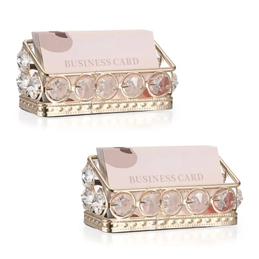 2 Packs Crystal Business Card Holder with Gold Metal for Office Desk Bling Business Card Display Stand for Women, Name Cards St