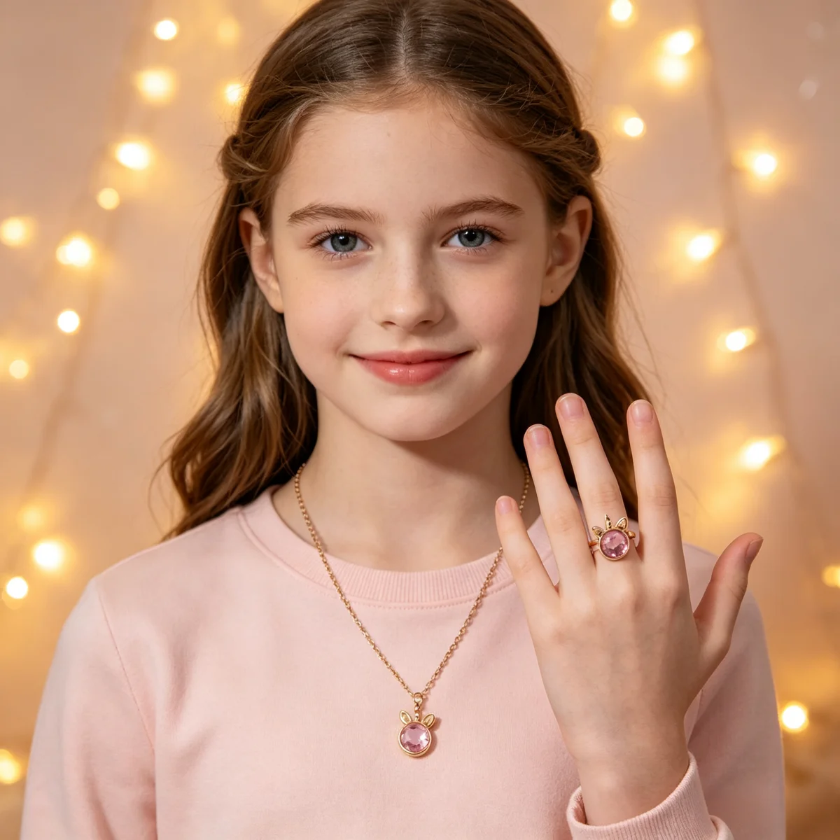 Girls Unicorn Jewelry Set 2Pcs Pink Blue Crystal Necklace Ring Princess Dress Up Pretend Play Birthday Christmas Party Gifts Set