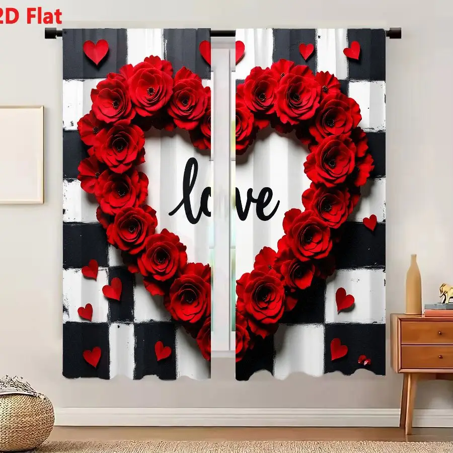 2Pcs Curtains 2D Flat Heart Shaped Wreath Of Red Roses With Love Text On Checkerboard Background Window Drapes for Bedroom Room