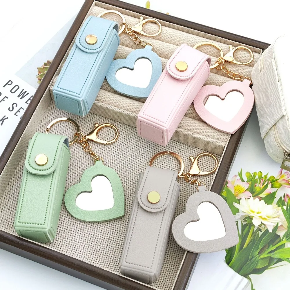 Solid Color Fashion Heart Shaped Mirror Lipstick Holder Keychain Decoration Creative Women Pendant Bag Keyring Gift Accessory - view 2