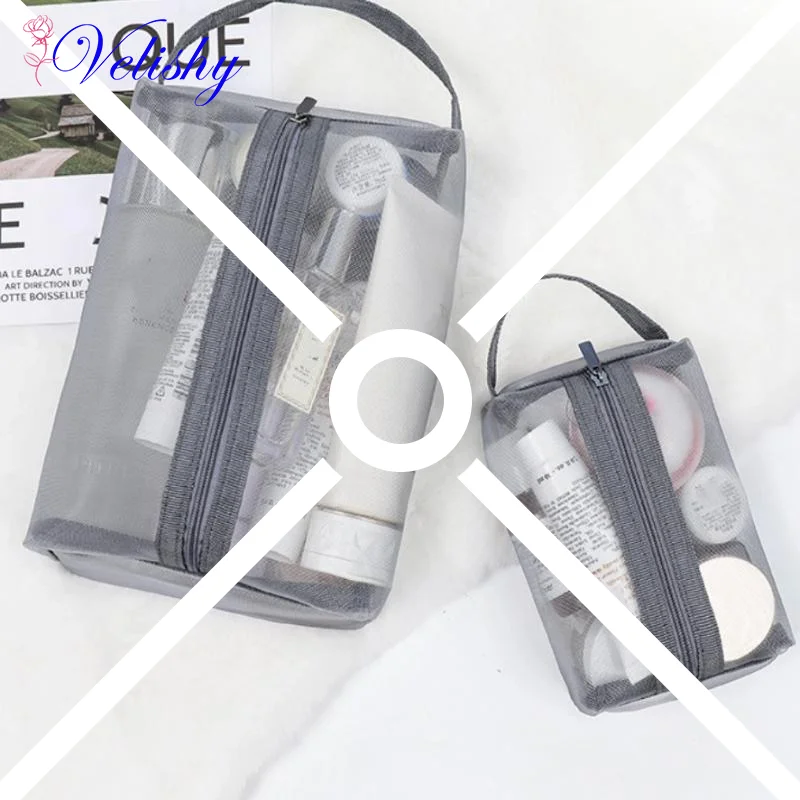 

3size Gray Makeup Bags Small Large Mesh Transparent Cosmetic Bag Organizer For Cosmetics Storage Pencil Cases Neceser Pouch