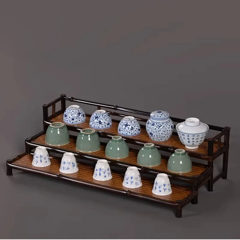 Purple Bamboo Multi-Layer Cup Rack - Handwoven Tea Set Display Stand for Kitchen, Dining Table,Countertop & Cabinet Organization