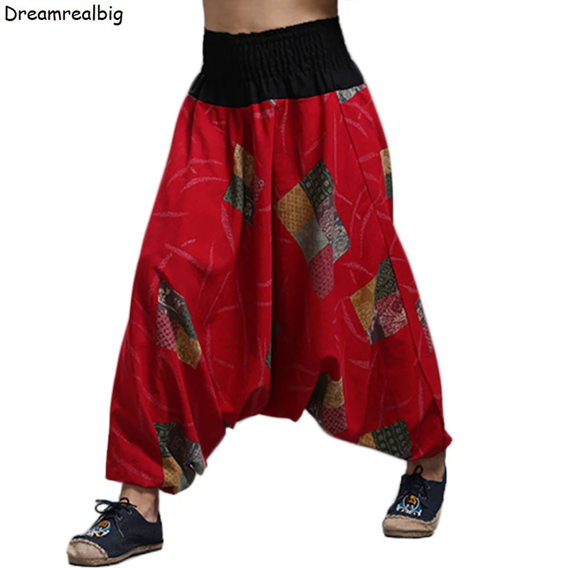 Nepal Style Printed Men Bohemian Wide Leg Cross Pants Cotton & Linen Elastic Waist Mens Low Crotch Casual Pants