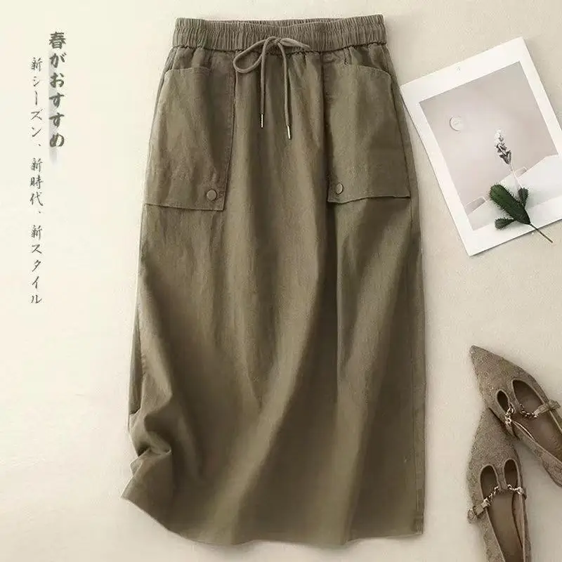 2025 neue Röcke Frauen Mode Frühjahr Sommer Große Tasche Midi Elegante Hohe Taille Weibliche Röcke Casual Elastische Wilde Damen Röcke