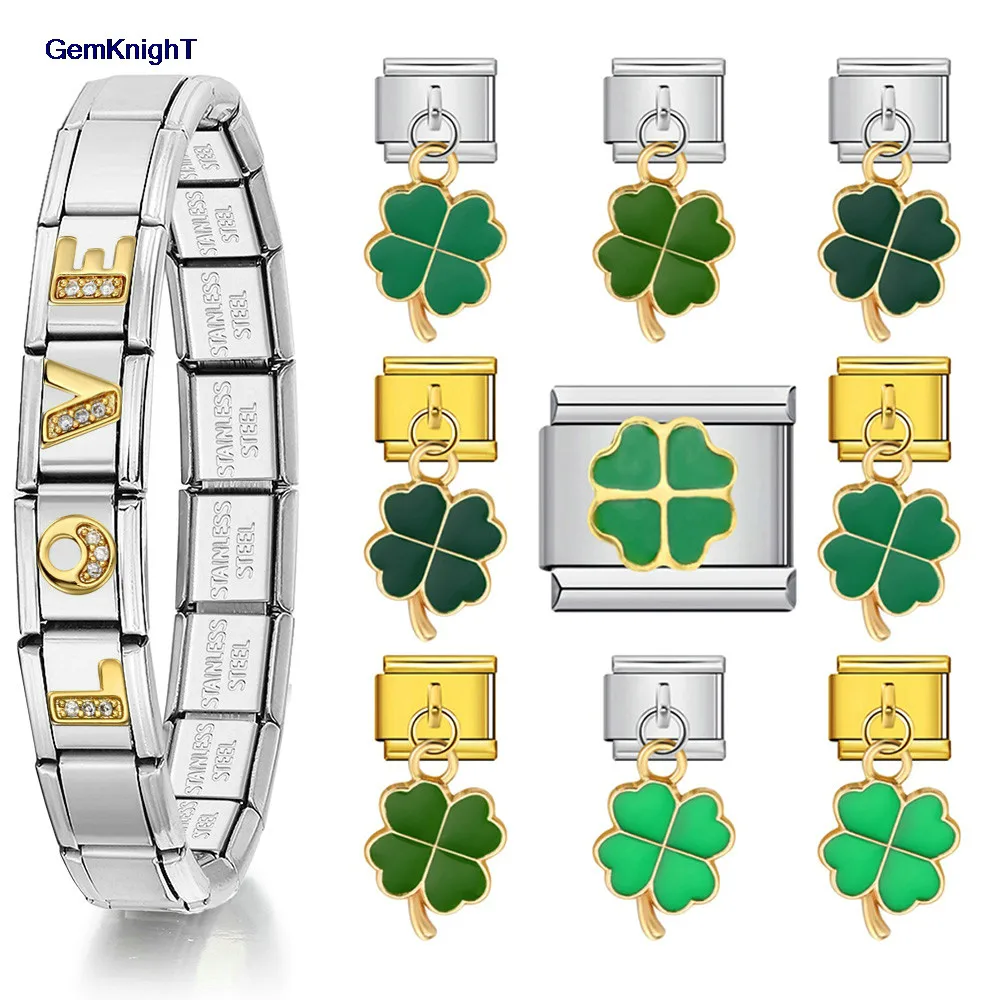 Dijes elásticos hierba de la suerte verde enlace italiano de acero inoxidable apto para pulseras de moda de 9mm fabricación de colgantes joyería DIY al por mayor