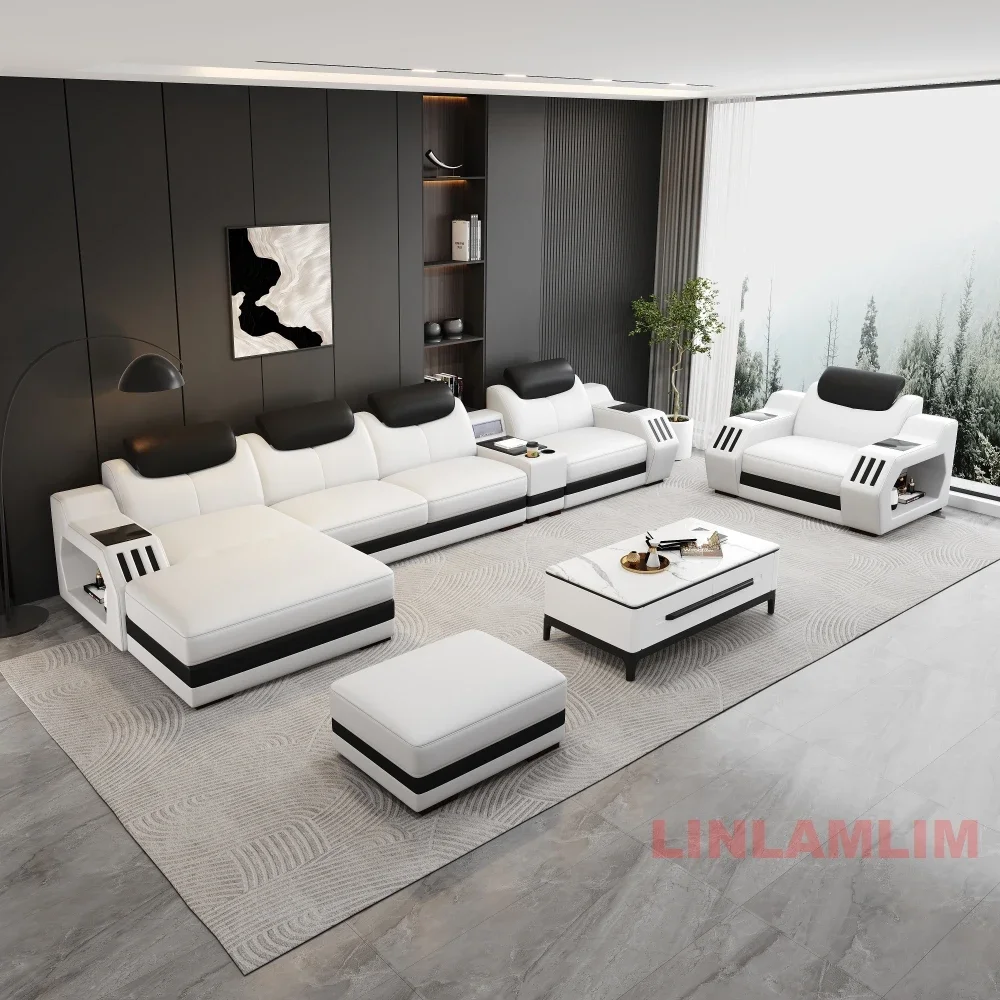 Modern Recliner Couch Set with Adjustable Headrests & LED Lights, Genuine Leather Massage Sectional Sofa Bed with Storage & USB