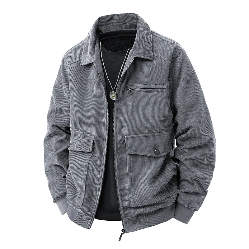 Corduroy Jackets for Men Autumn Winter Windbreaker Solid Casual Cargo Jacket Multi Pockets Outwear Coat Fashion Utility Jacket