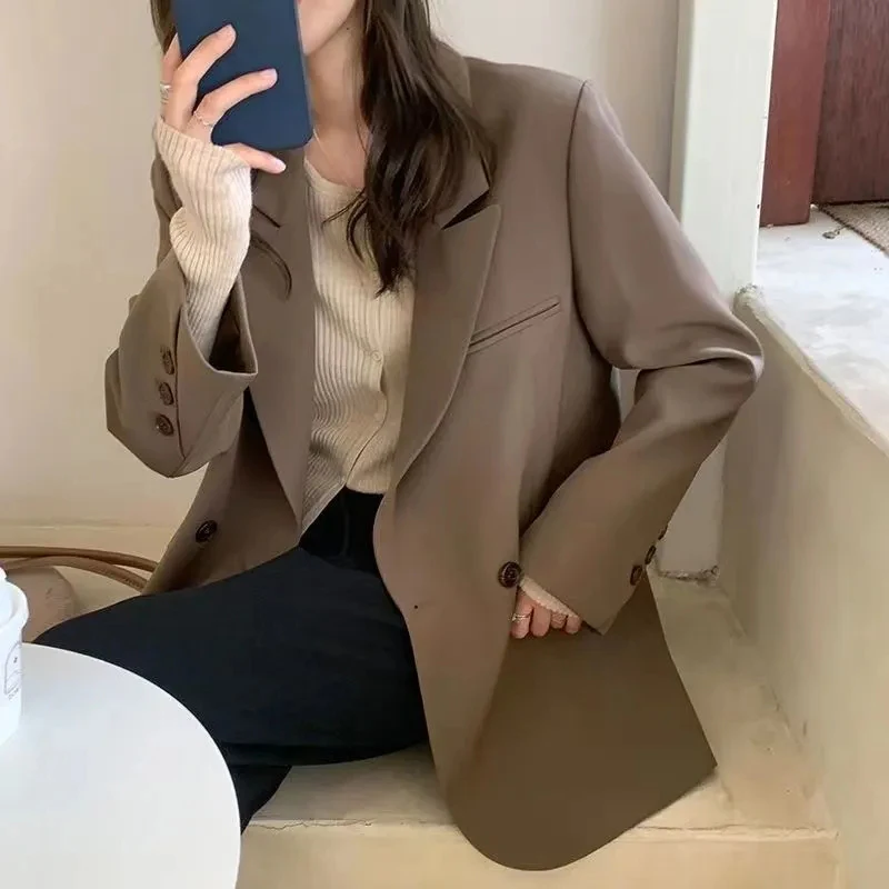 Korean Fashion Black Blazer for Women Classic Turn Down Collar Loose Suit Jacket Female 2023 Long Sleeve Pockets Outerwear Woman