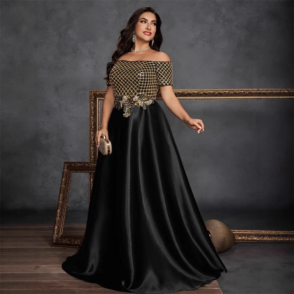Picture 6: Plus Size Black Gold Off Shoulder Grid Sequin Embroidered High Waist Satin A Line Floor Train Evening Mother of Bride Gown