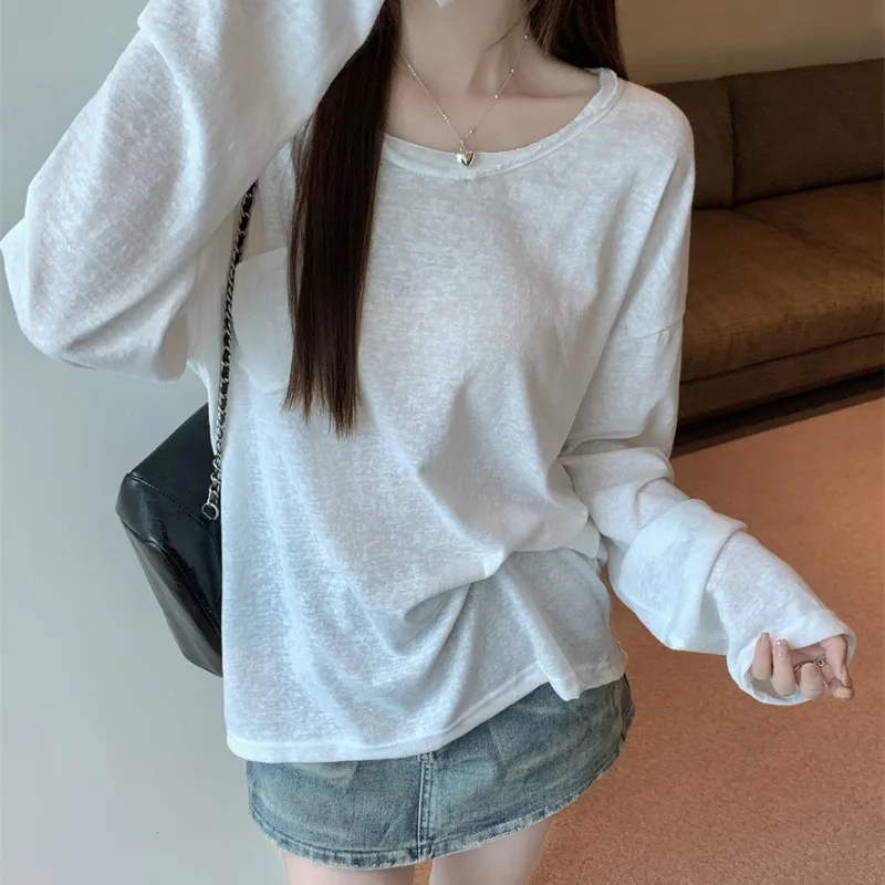 Top de algodão de bambu feminino com decote em u solto ajuste fino manga longa protetor solar camiseta outono novo