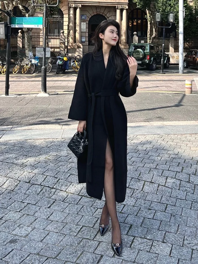 

Двустороннее шерстяное пальто Ele для женщин, весенняя коллекция, элитное, стильное, длинное, в стиле Хепберн