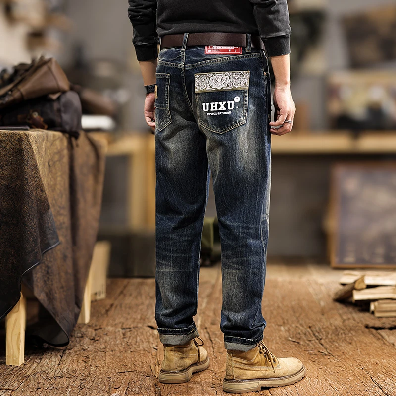 Amerikanische Modemarke Bedruckte Jeans für Männer Herbst Winter High Street Hooligan Hübsche gewaschene schlanke gerade lässige Denim-Hosen