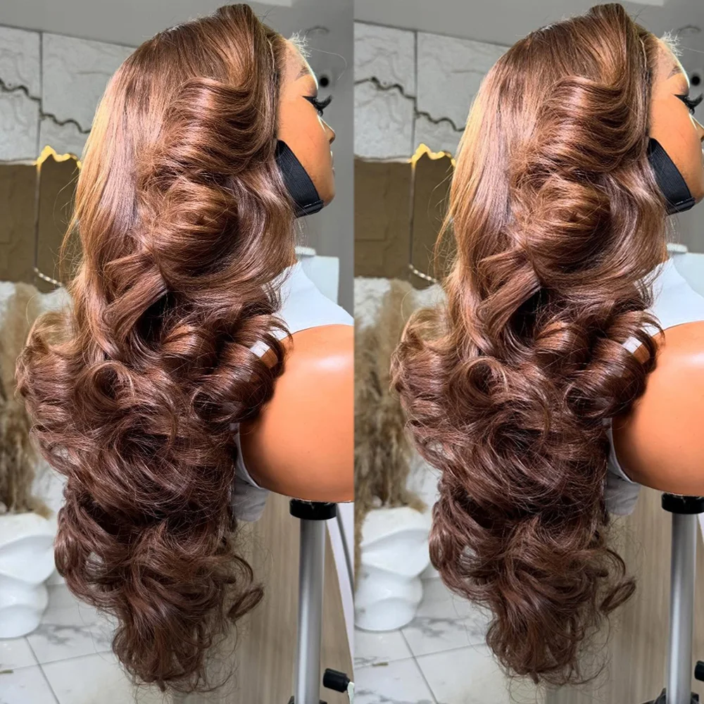 32 34 Inches Brown Bouncy Curly 400% Human Hair Colored Wigs 13x4 4x4 HD Transparent Lace Frontal Wigs Glueless Pre Plucked Wigs view 3