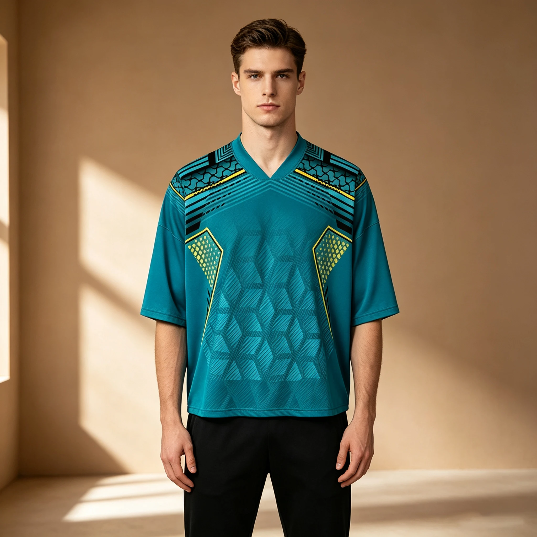 New Men's Blue V-neck Short Sleeve Geometric Honeycomb Mesh Hexagonal 3D Printed Yellow Black Stripe Pattern Sports T-shirt