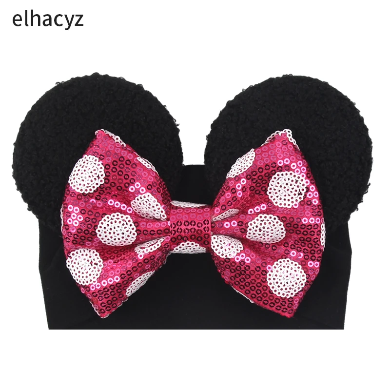NEUE Mausohren-Baby-Stirnbänder für Mädchen, Prinzessinnen-Cosplay, Pailletten, 5 Zoll Schleifen-Kopftuch, Baby-Turban, Weihnachtsfeier, DIY-Haar-Accessoire – Detail 6