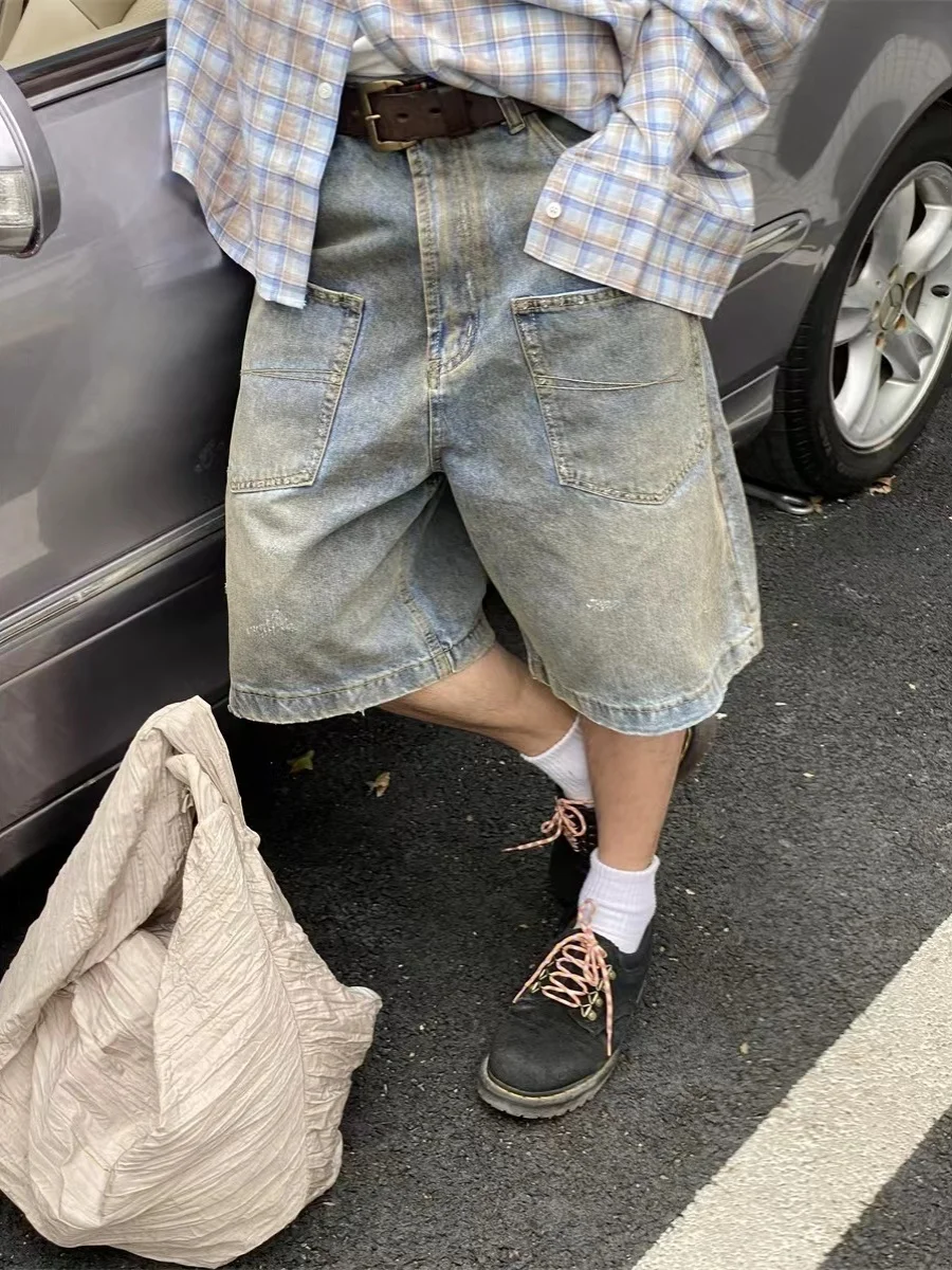 American Retro Six-Part Denim orts Men Women Summer New Loose Casual Workwear Double ket Design Trendy Brand Jeans