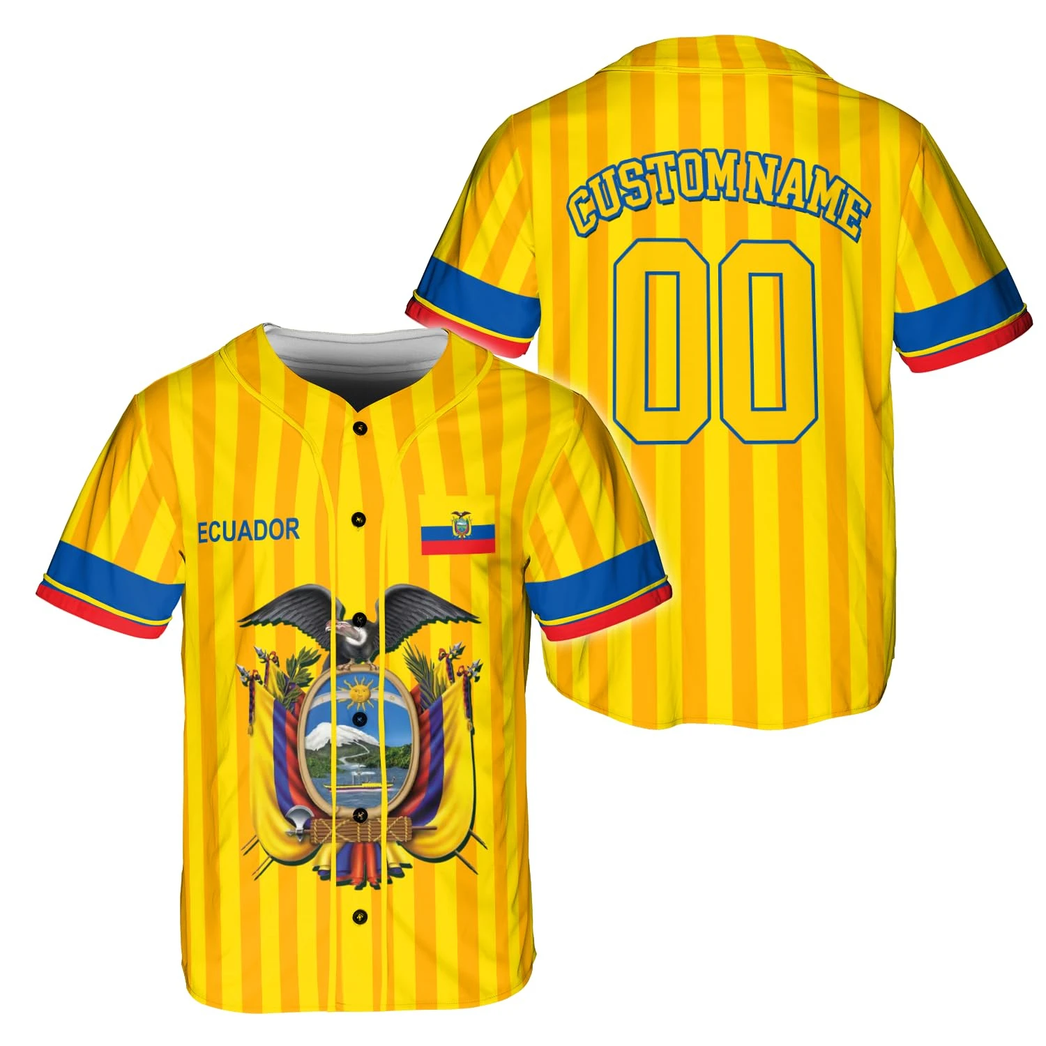 Camisa de beisebol personalizada do Equador, nome e número personalizados, design da bandeira nacional, presente para fãs do Equador.