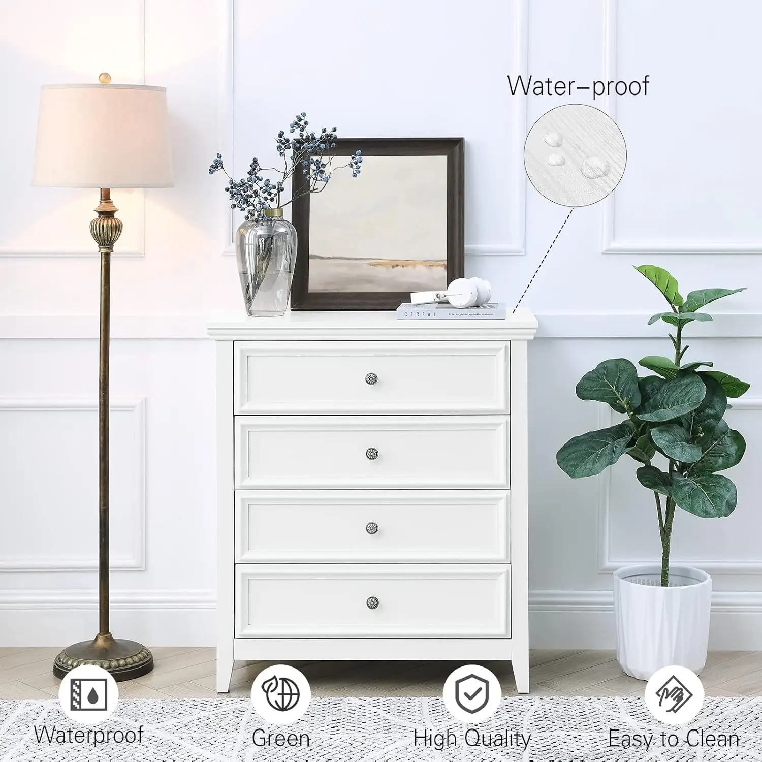 White Dresser for Bedroom, 4 Chest of Drawers, Wooden Dressers Tall Nightstand with Drawer, Farmhouse Cabinet for Bedroom,