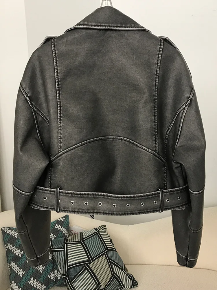 ZMEENNA Womens kunstleer jas bijgesneden asymmetrische zip-up jas klassieke groene klinknagel gordel punk bovenkleding ZM3367