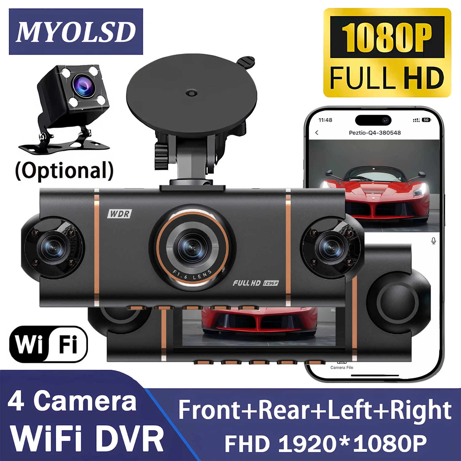 Caméra embarquée Wifi-4 à 360 degrés pour voitures, DVR 1080P, 4 canaux, caméra avant, enregistreur vidéo, caméra de recul, vision nocturne