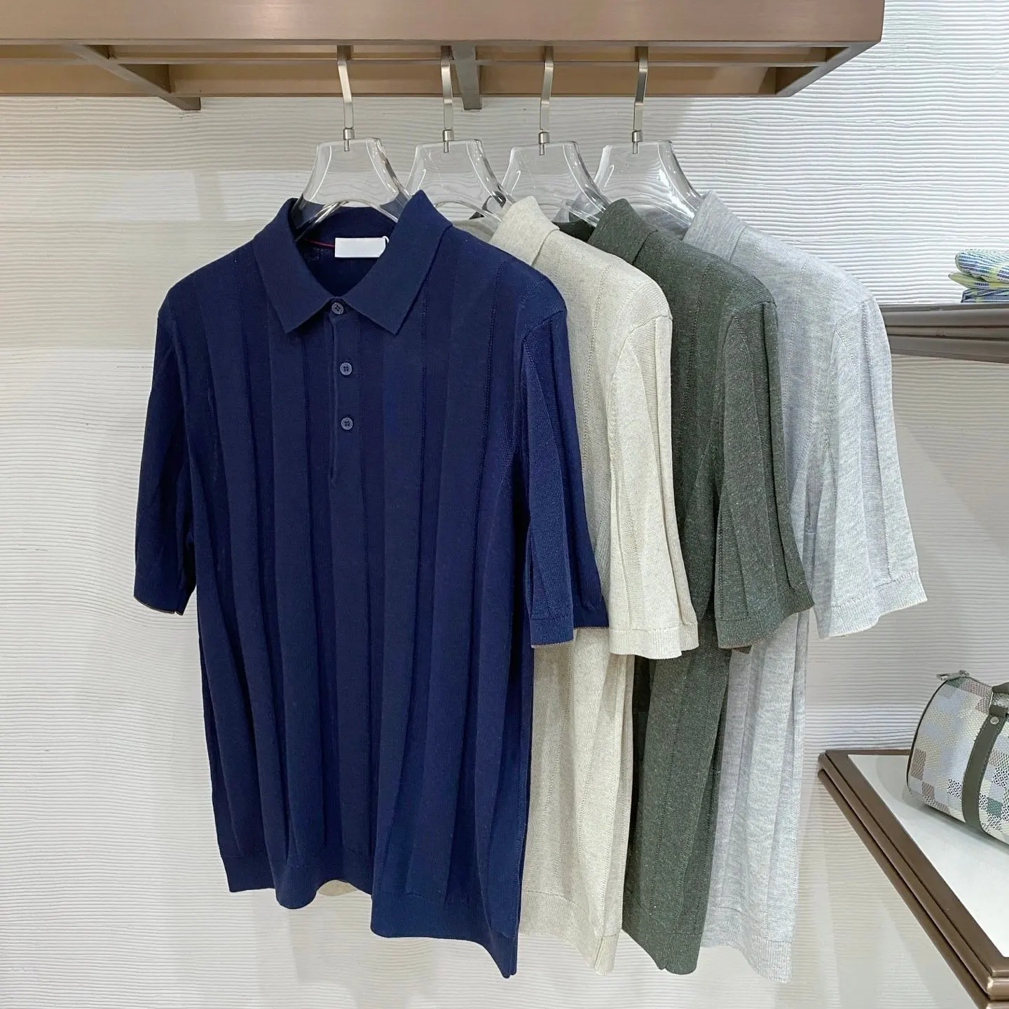 BC Home Custom Yarn Linen Cotton Blended, Lapel Knitted POLO Shirt Striped Short Sleeve Business Casual T-Shirt