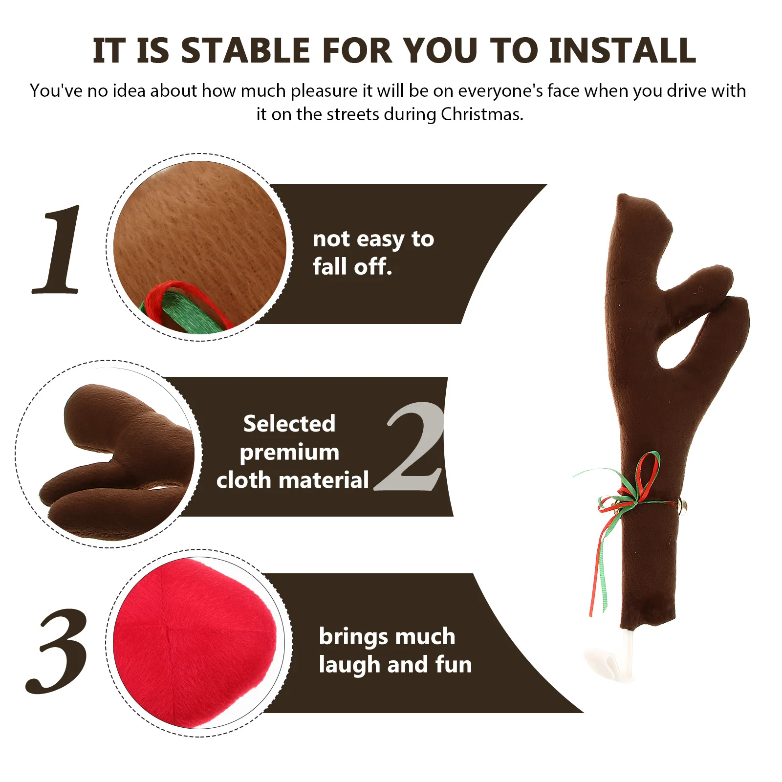 2 مجموعة عيد الميلاد قرون السيارة ديكور مادة الفانيلا قسط دائم مقاومة للاهتراء سهلة التركيب لا توجد أدوات عطلة السيارات #3