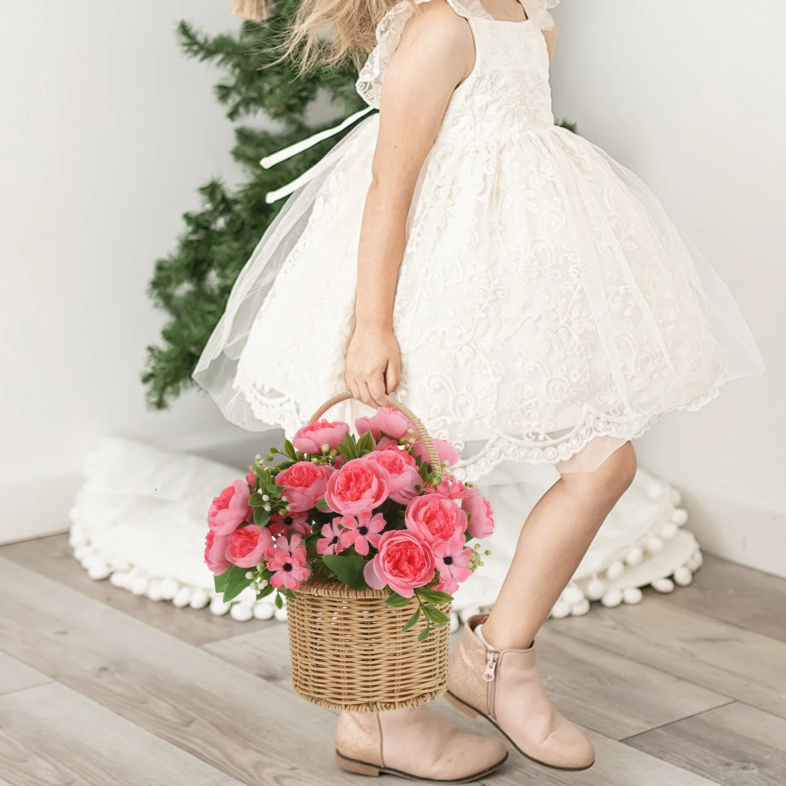 

Imitation Rattan Flower Basket With Handle Rustic Wedding Ceremony Decor Harvest Garden Party Picnic Basket - Woven Storage