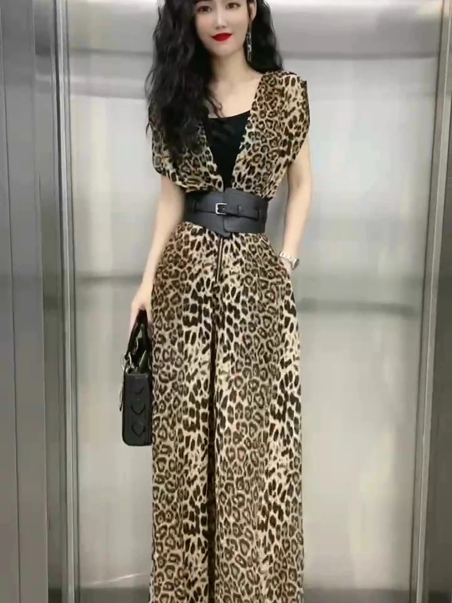 ชุดสูทลายเสือดาวแฟชั่น กางเกงขายาวทรงตรงเอวสูง ผ้าคุณภาพพรีเมียมสำหรับผู้หญิง