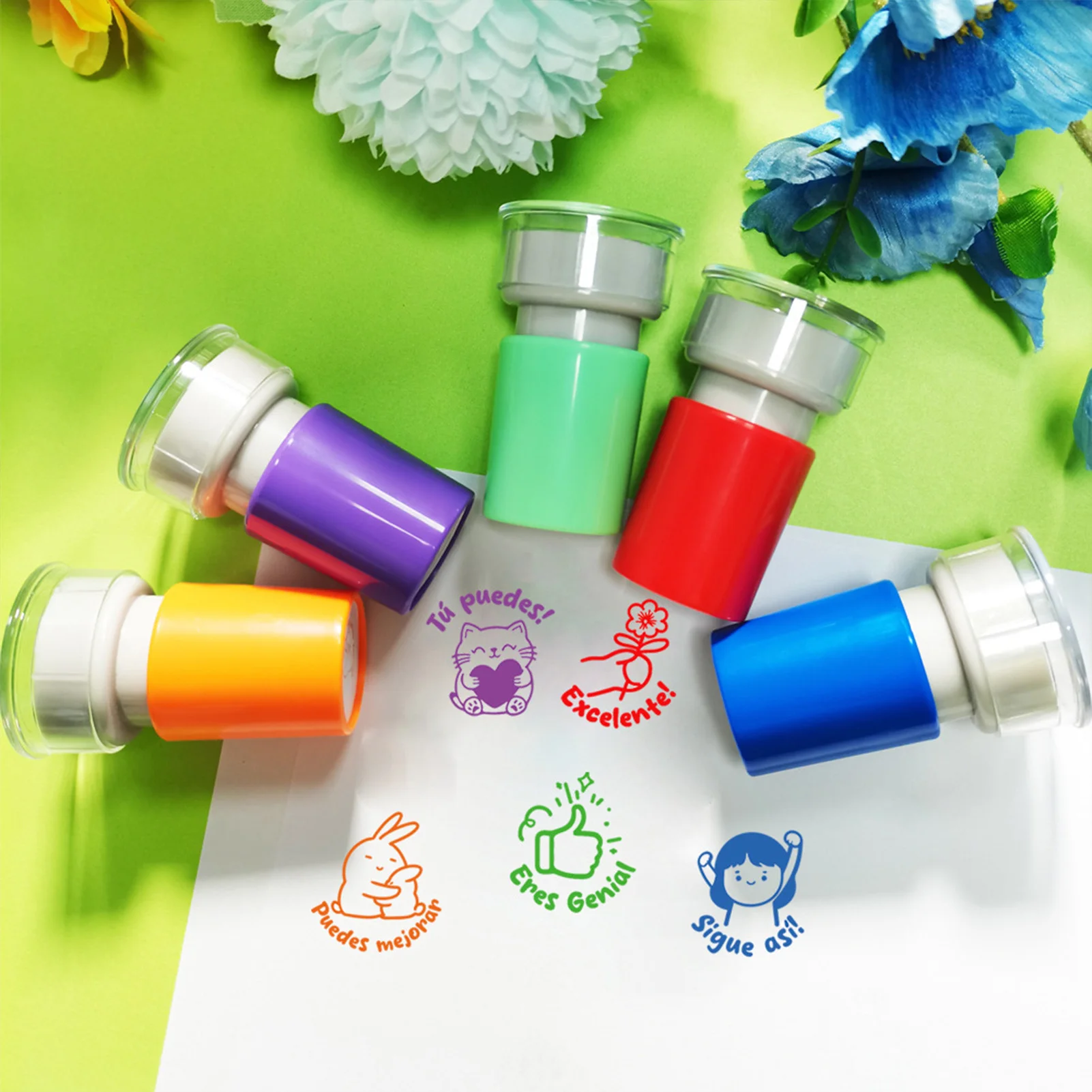 5PCS Cartoon Spanish Praise Stamps Clear Cartoon Patterns Vibrant Colors for Students Girls Children Boys