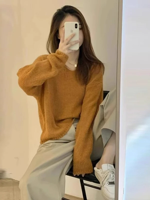 Ladies' V-neck Knitted Sweater Orange Lazy Style Winter Soft Mouton Loose Fit Overhead Long Sleeve Regular Thickness Polyester