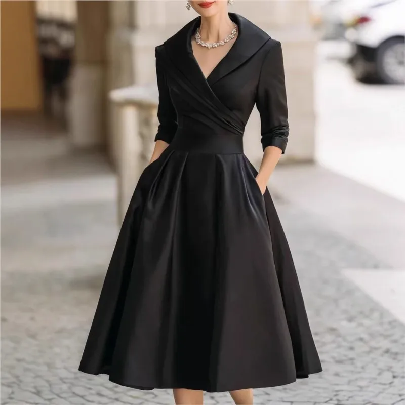 Fashion Temperament 2025 Women's Dress V-neck Long Sleeve Turn-down Collar Maxi Dresses Slim Waist Office Lady Wedding Vestidos