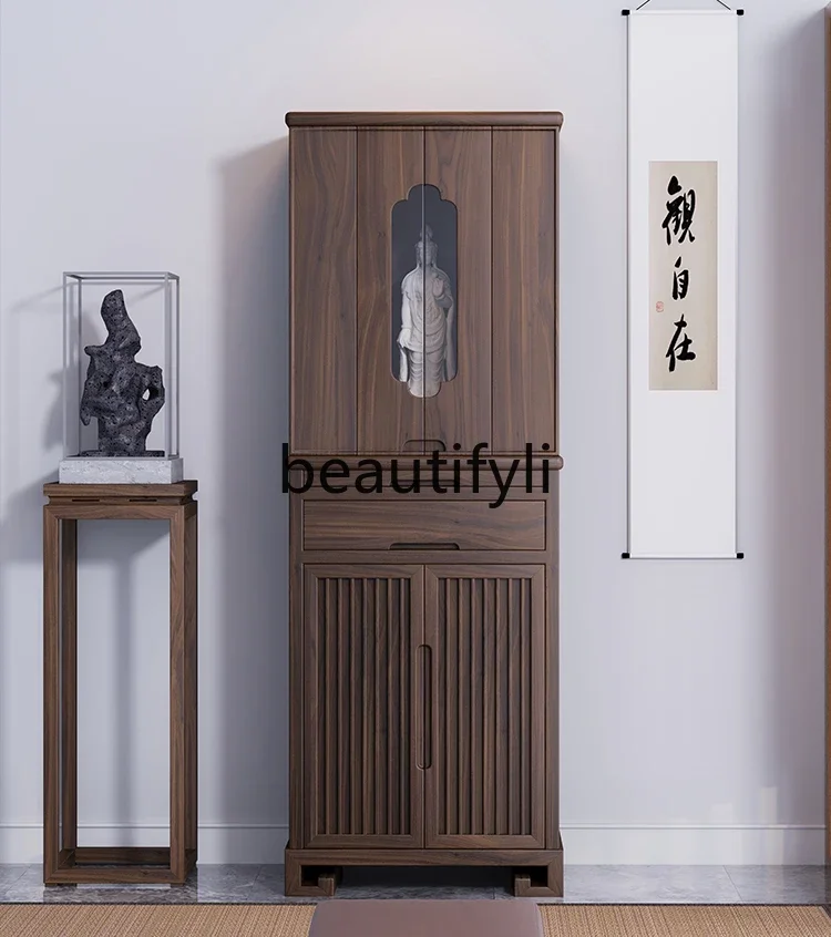

ss C New Chinese solid wood Buddhist shrine with door vertical cabinet modern light luxury God of Wealth Guanyin shrine