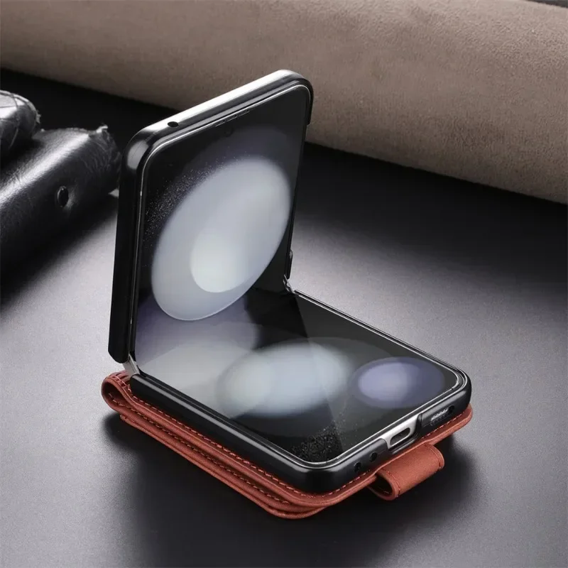Phone Case For Samsung Galaxy Z Flip 6 5 4 3 Flip6 Flip5 Flip4 Flip3 Card Slot Holder Kickstand Wallet Shockproof Leather Cover