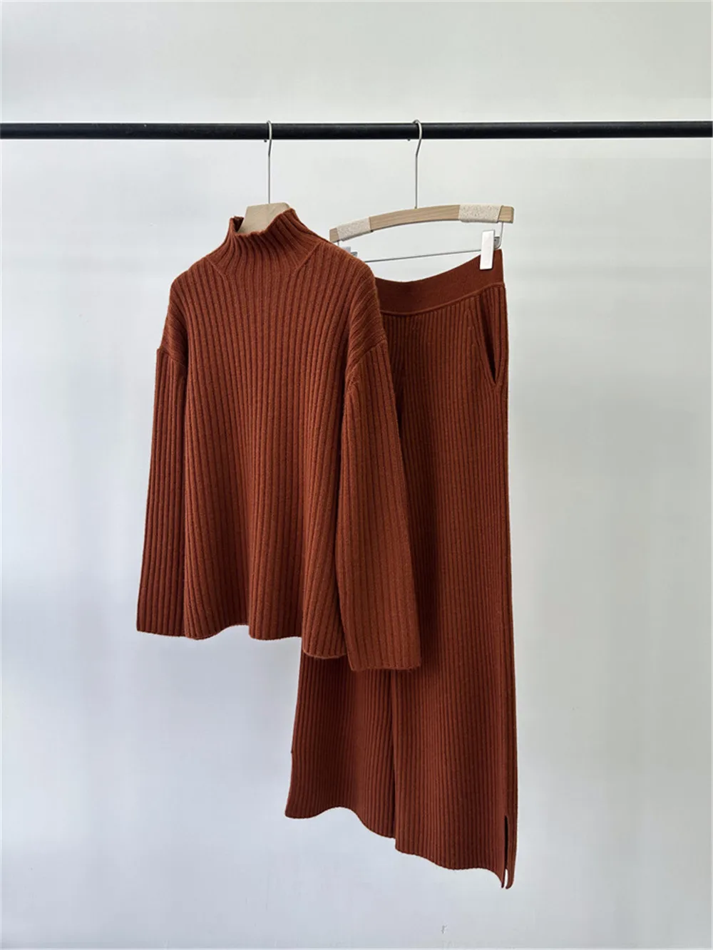 Ensemble pull à col roulé et pantalon large pour femme, 2024 cachemire, taille élastique, droit, automne, hiver