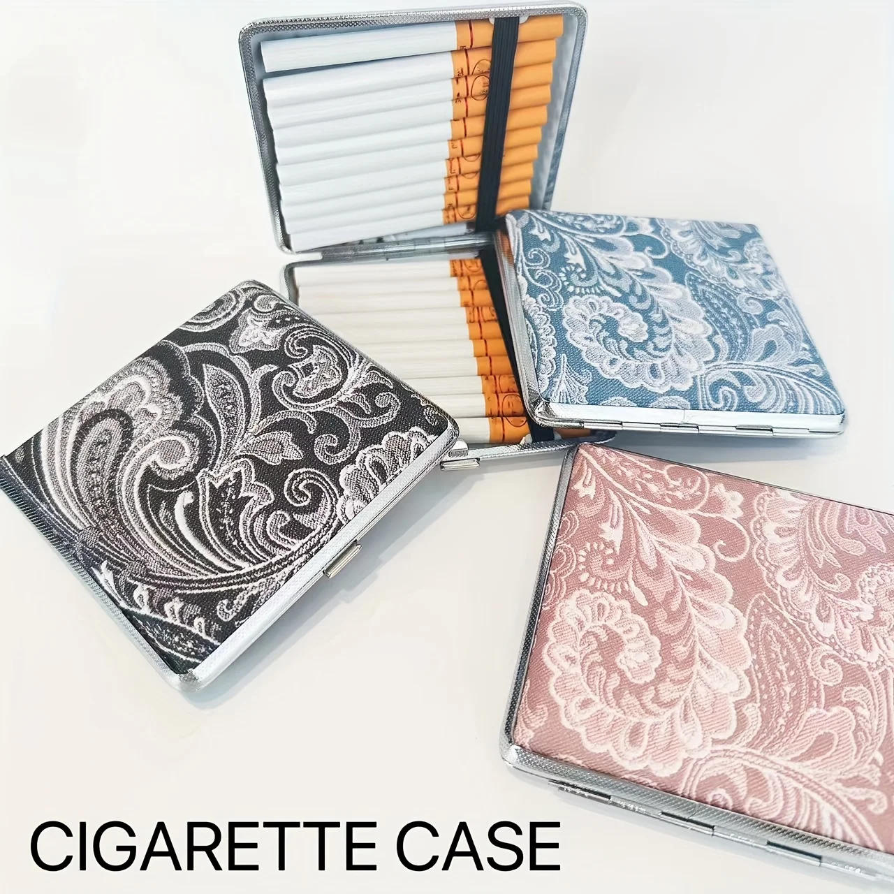 97mm Marble Paisley Cigarette Case – PU Leather Holder for 20 Cigarettes, Pink/Yellow/Blue/Black, Holiday Gift for Him & Her