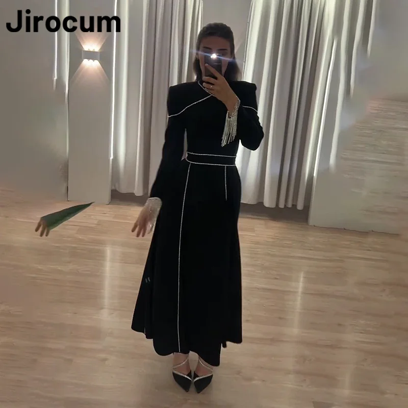 Jirocum-Robe de Rhà manches longues et col rond pour femme, robe de soirée élégante, robe de soirée formelle, pompon en satin, longueur de rinçage, ligne A