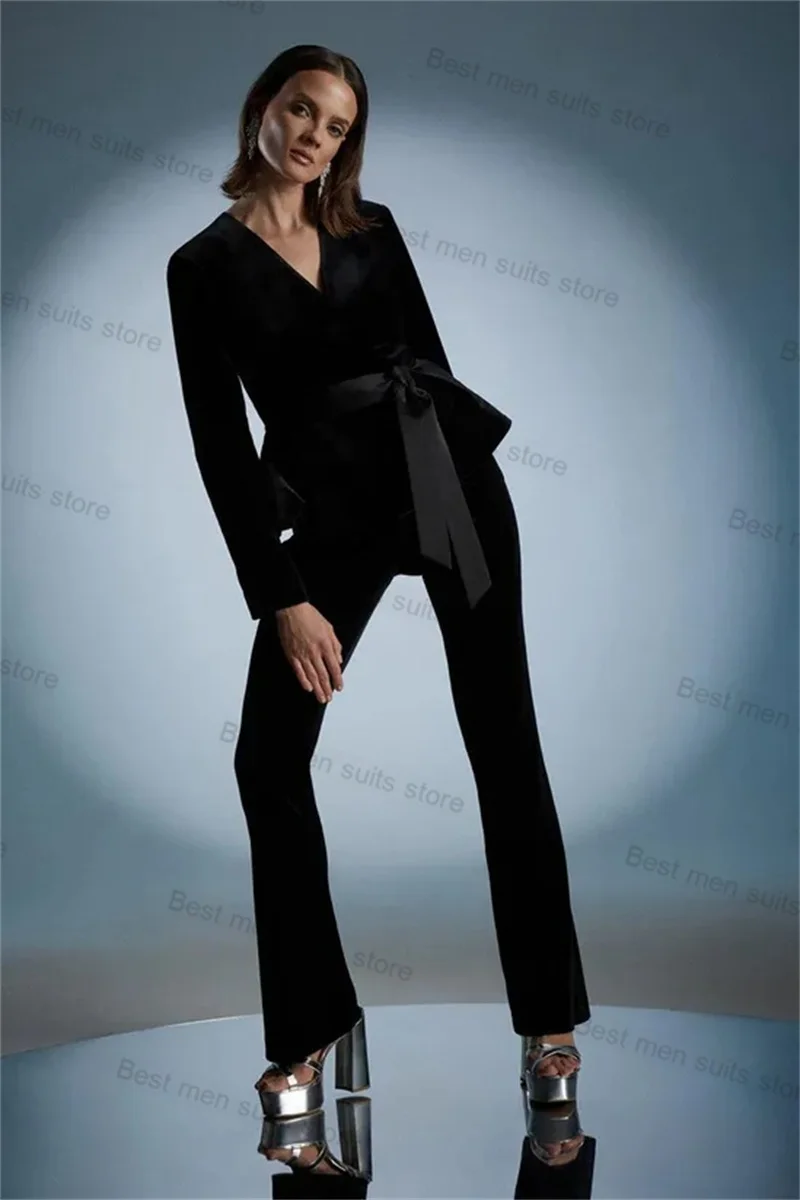 black-velvet-formal-women-suit-set-2-piece-blazer-pants-with-belt-wedding-tuxedo-custom-made-formal-office-prom-jacket-coat