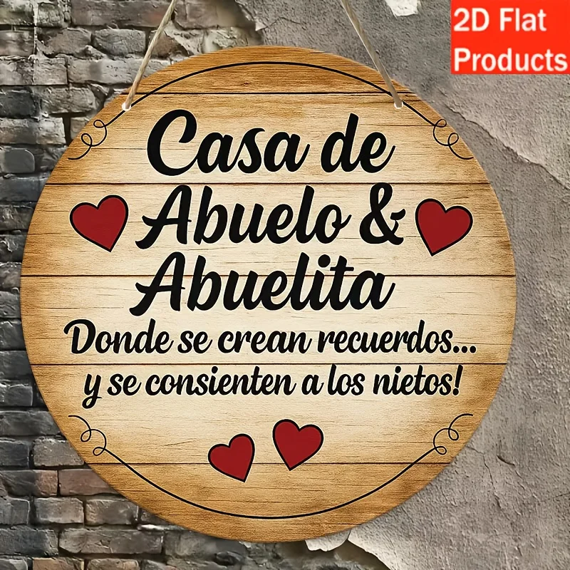 Letrero de Pared de Madera Vintage Español con la Leyenda 'Casa De Abuelo & Abuelita', 1 Pieza, Placa Decorativa Plana 2D, Corazón Rojo, Estilo Latino, Diseño Único