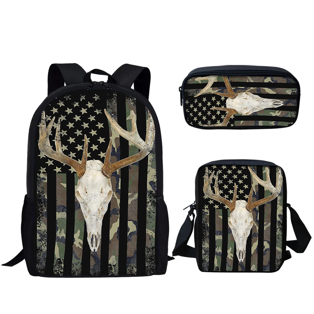 Kids Large Capacity Backpack 3Set Camo Hunting American Flag Deer Print Lightweight Schoolbags for Teen Boys Casual Book Bags