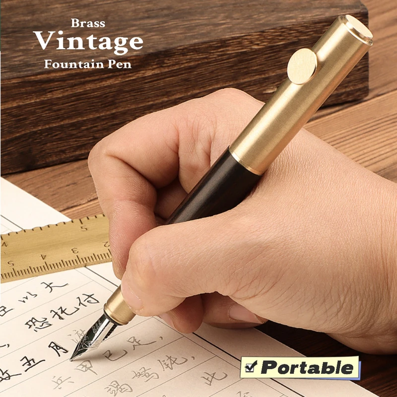 Retro Mini Fountain Pen Brass Pocket Pen 0.5MM Vintage Wooden Fountain Pen For Students Metal Writting Pen Business Gifts Supply