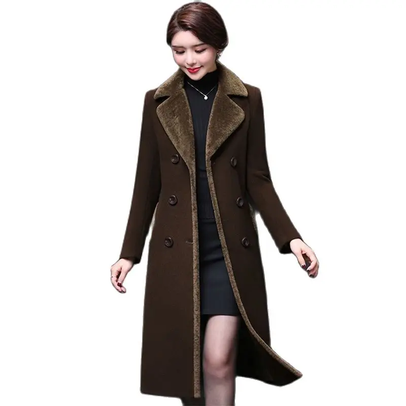 

Autumn Winter Middle-aged Mother Woolen Blends Jacket Coat Plus size Warm Thicken Women Long Overcoat Windproof Slim Wool Coats