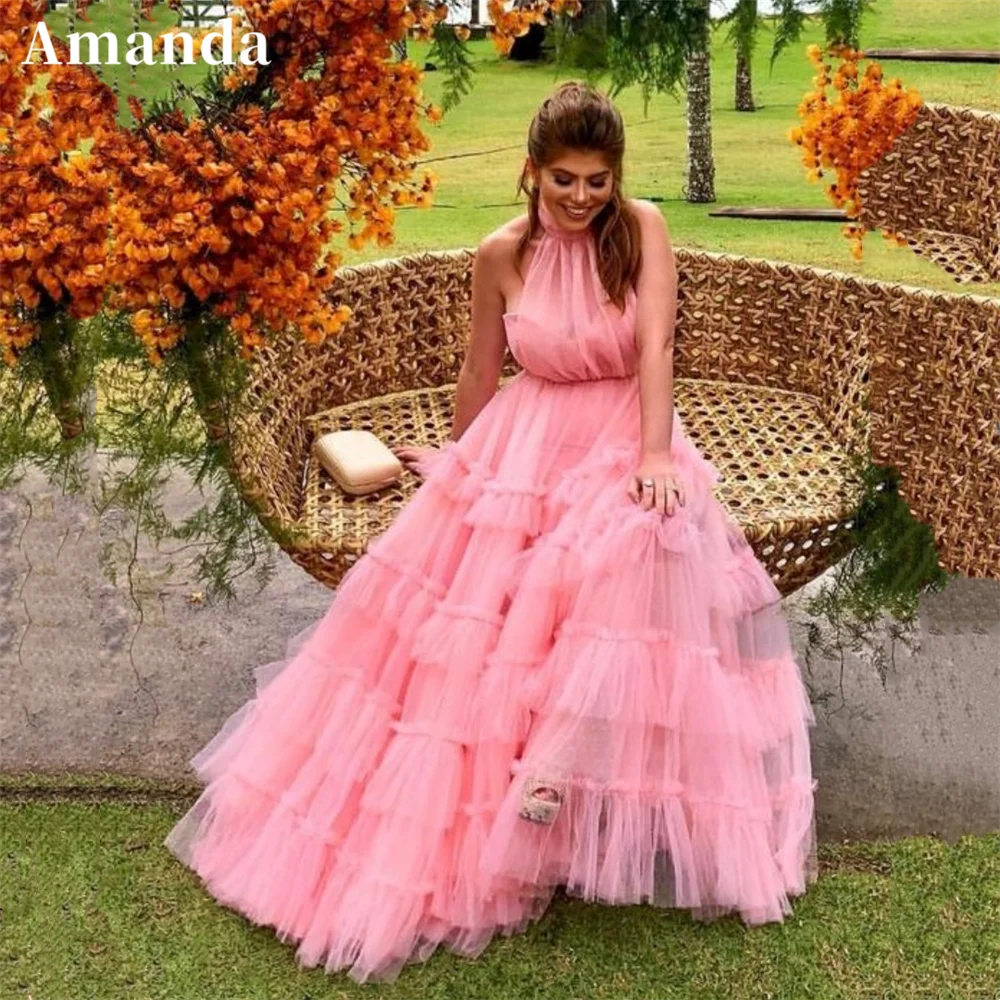 

Amanda Gentle High Neck Prom Dress Halter Neck Multilayer فستان حفلات الزفاف Light Pink A-line Tulle Vestidos De Festa