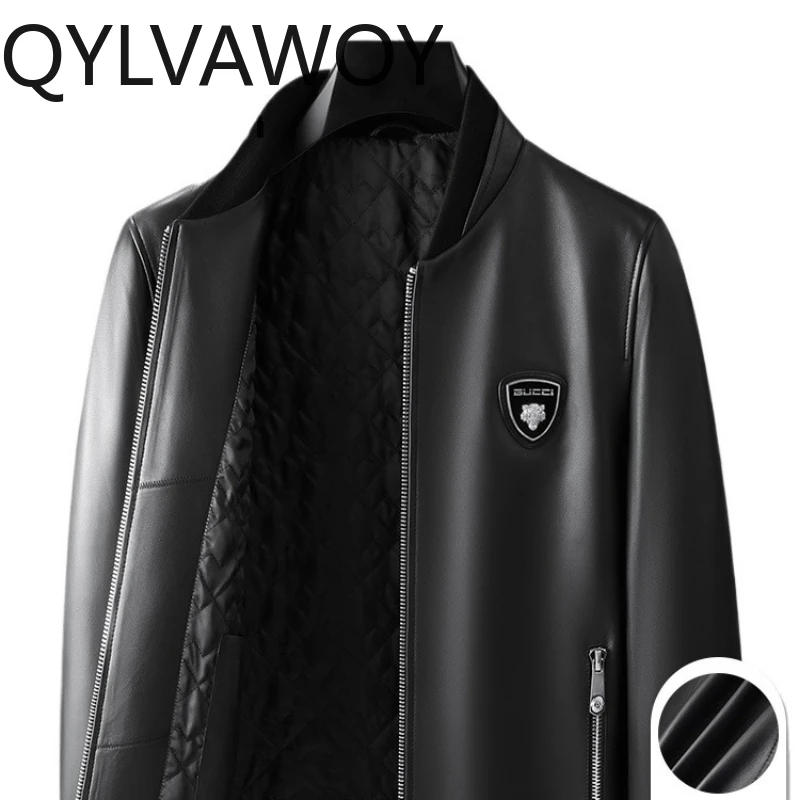 

QYLVAWOY 2025 осень-зима из натуральной овчины, мужская кожаная бейсбольная куртка, утолщенная деловая повседневная теплая стильная верхняя одежда LJ2686